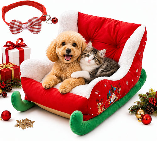 Dog and cat in a Christmas Santa sleigh pet bed